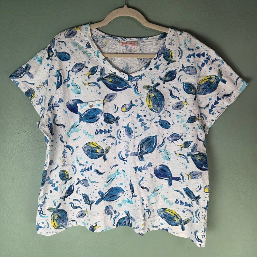 Fresh Produce Womens White Blue Fish V-Neck Short Sleeve Pocket Tee 2X Nautical